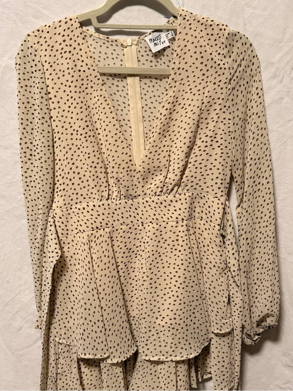 Princess Polly Cream Long Sleeve Mini Dress with Black Dot Print - Picture 2 of 5